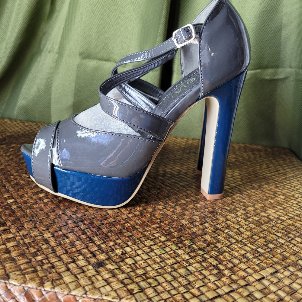 Grey and blue patent platform heels